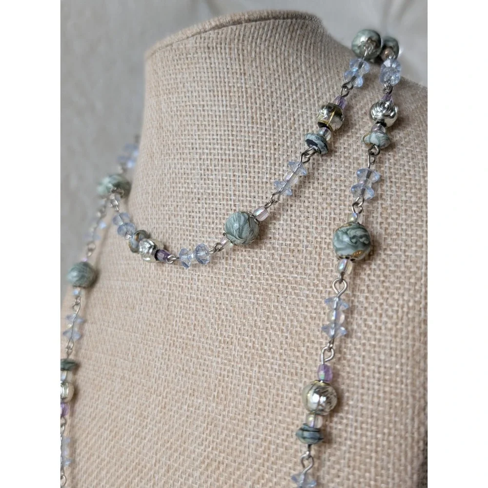 Long Beaded Necklace Blue Crystal Glass Stone Silver Tone Layering‎ Boho